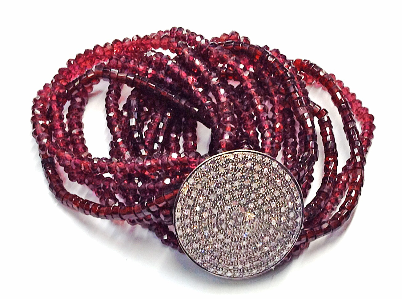 Multi-strand Garnet Bracelet with Oxidized Silver and Pave Diamond Centerpiece