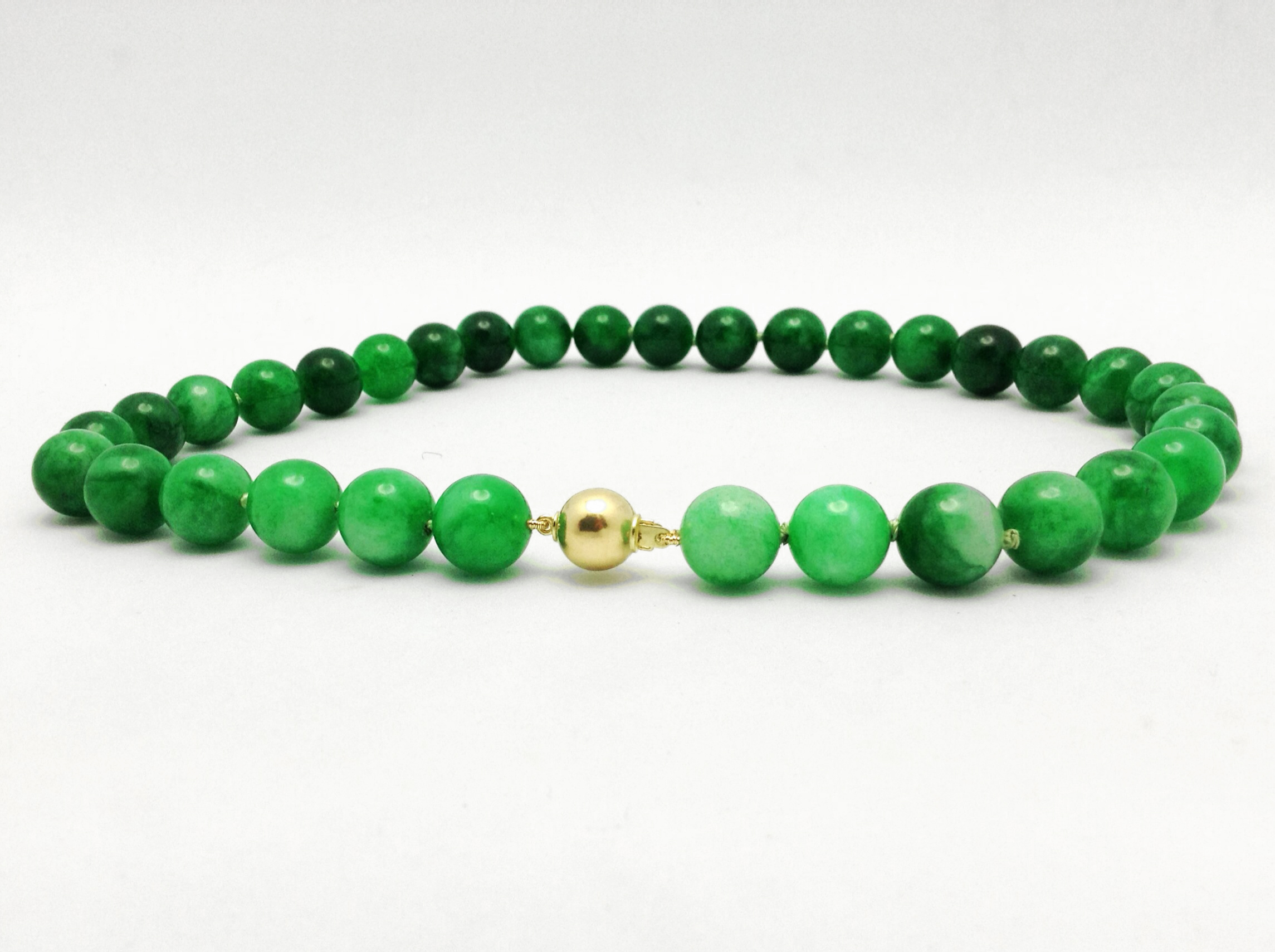 Necklace with Green Beads and Gold Ball Clasp