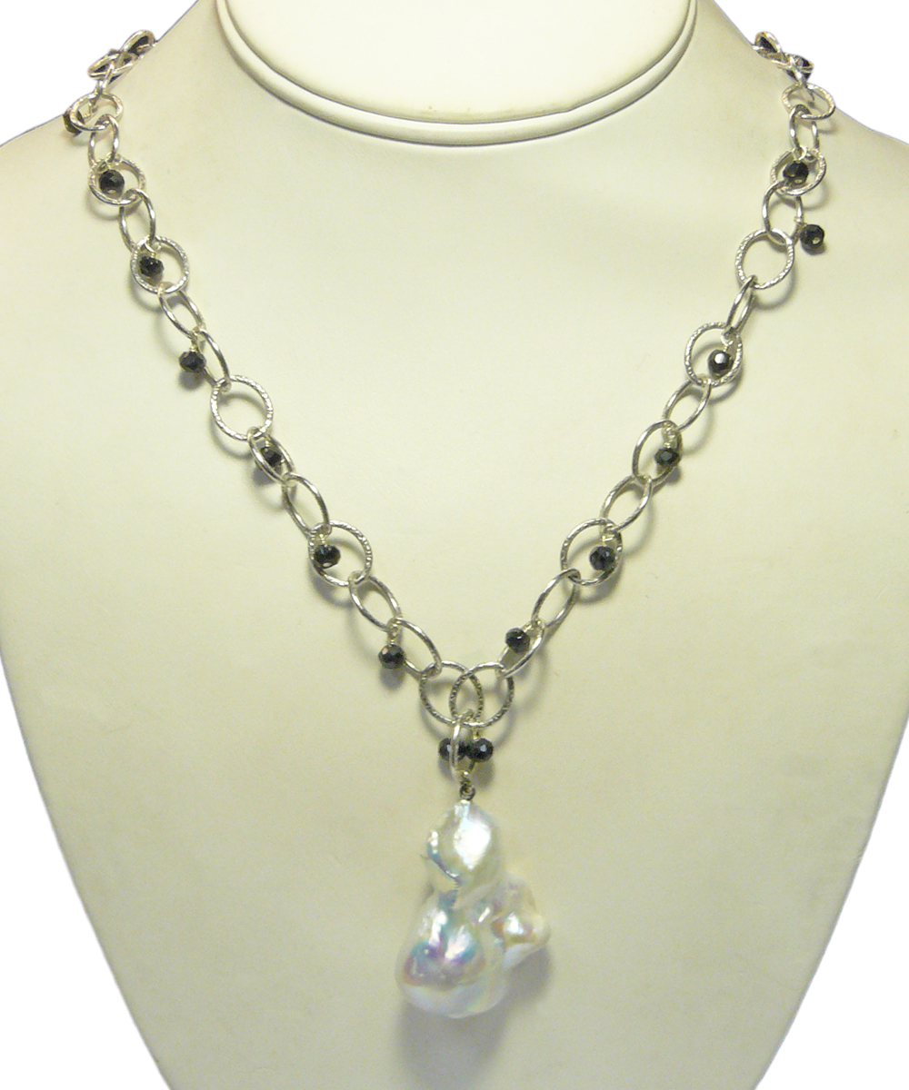 Baroque Pearl Pendant with Black Spinel on Rhodium Silver Chain