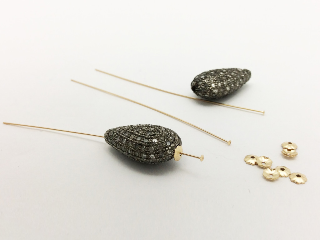 Pave Diamond Drop Beads with Headpins and Bead Caps