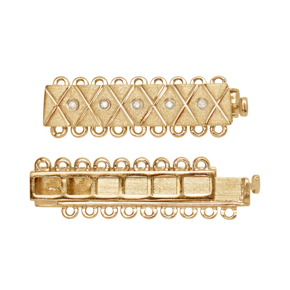 9 Row 3mm 6x30mm 14K Gold and Diamond Bar Clasp with Criss-Cross Pattern