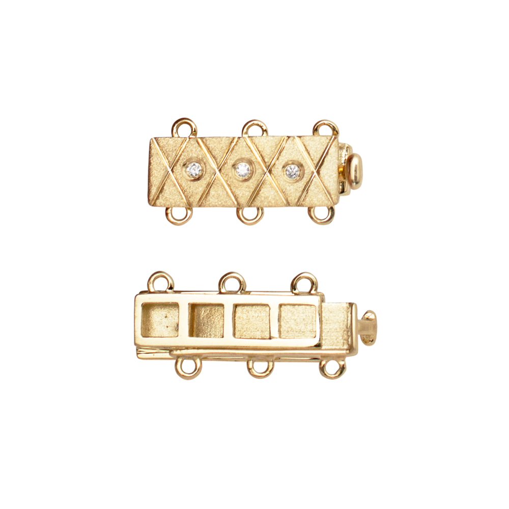 3 Row 6mm 6x18mm 14K Gold and Diamond Bar Clasp with Criss-Cross Pattern