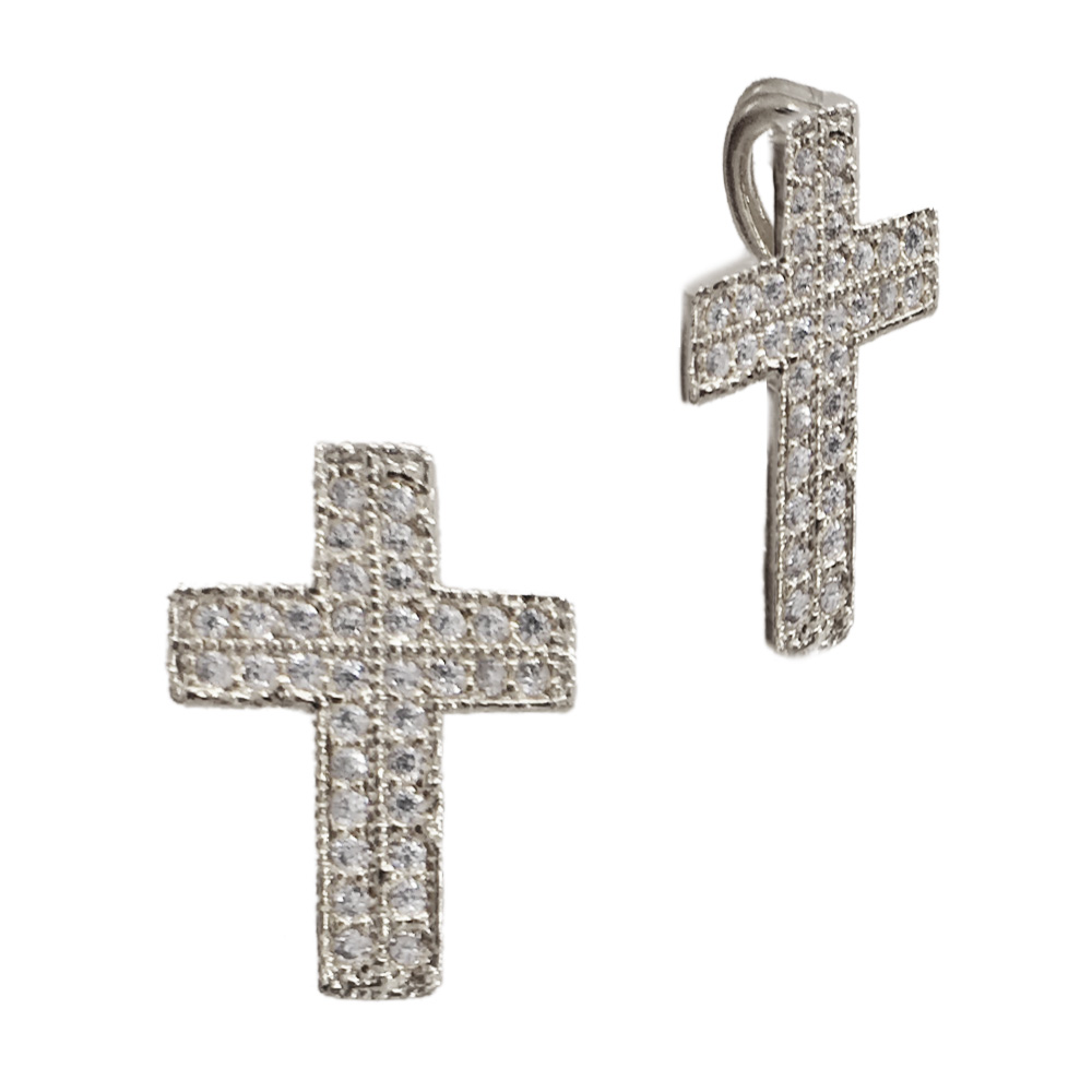 Sterling Silver White 10.5x15mm Sterling Silver Cross Charm with Cubic Zirconia and Hidden Jump Ring in Back