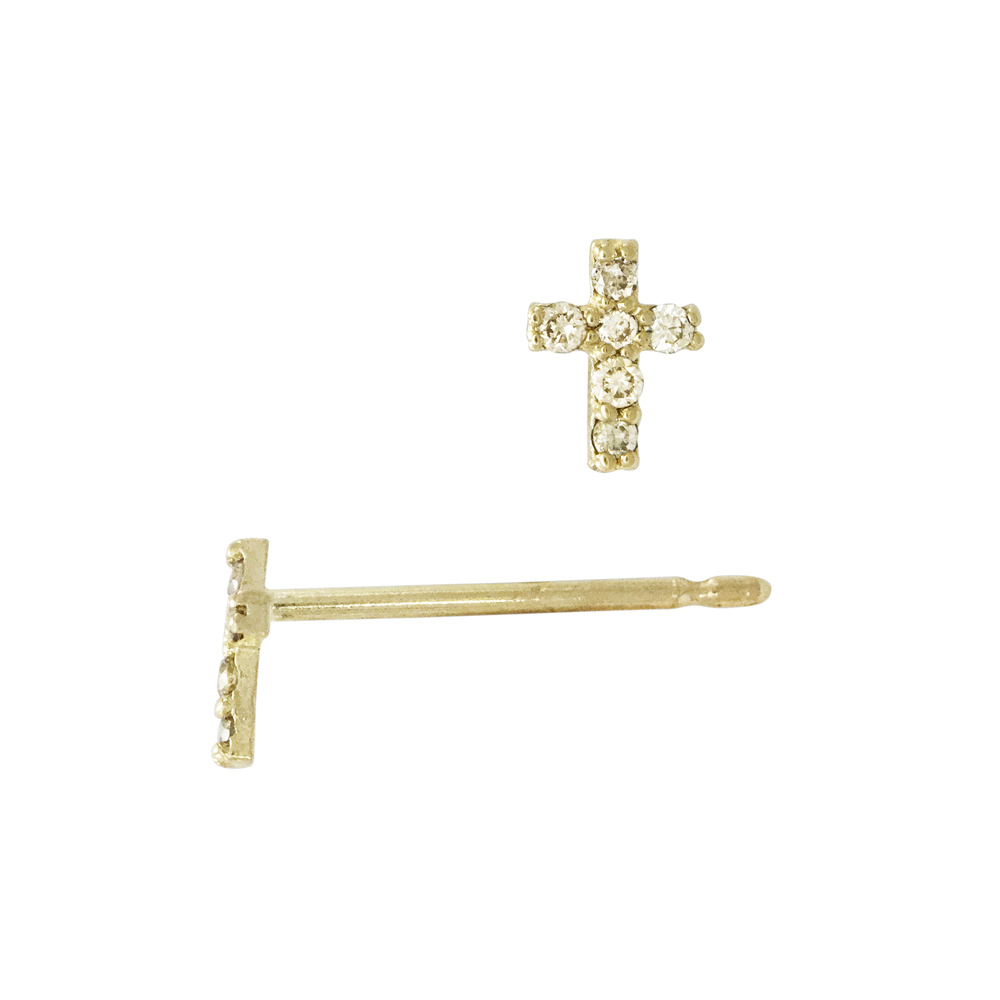 14K Gold Yellow 4x5mm Simple Pave Diamond Cross Stud Earring