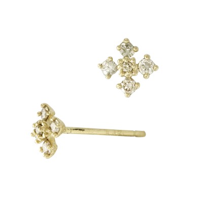 14K Gold Yellow 5mm Coptic Cross Stud Earring with Diamonds in Pave Setting