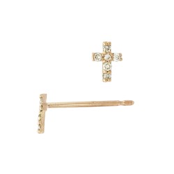14K Gold Rose 4x5mm Simple Pave Diamond Cross Stud Earring