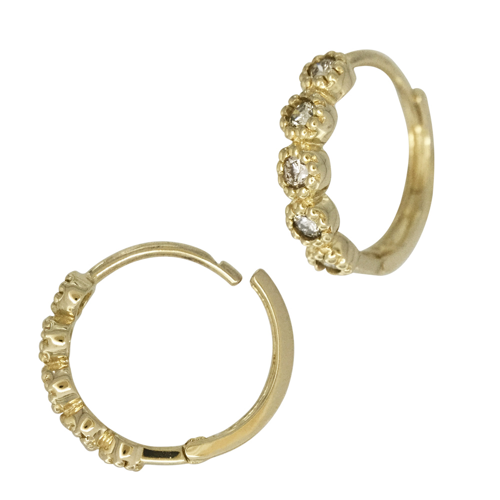 14K Gold Yellow 11mm Huggie Earring with 5 Diamonds in Dotted Bezel Setting