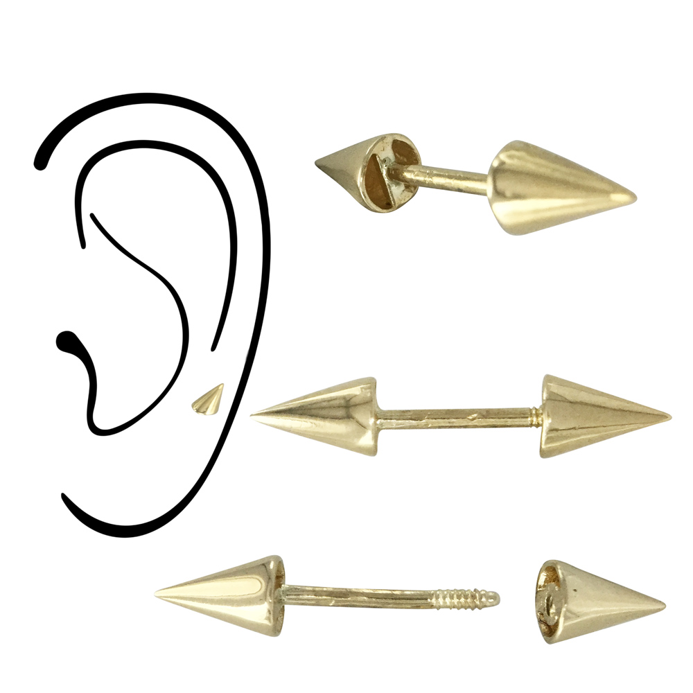 14K Gold Yellow Spike Straight Barbell Ear Stud for Cartilage