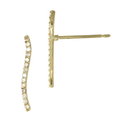 14K Gold Yellow 1.2x16mm Thin Wavy Single Row Bar Stud Earring with Diamonds in Pave Setting