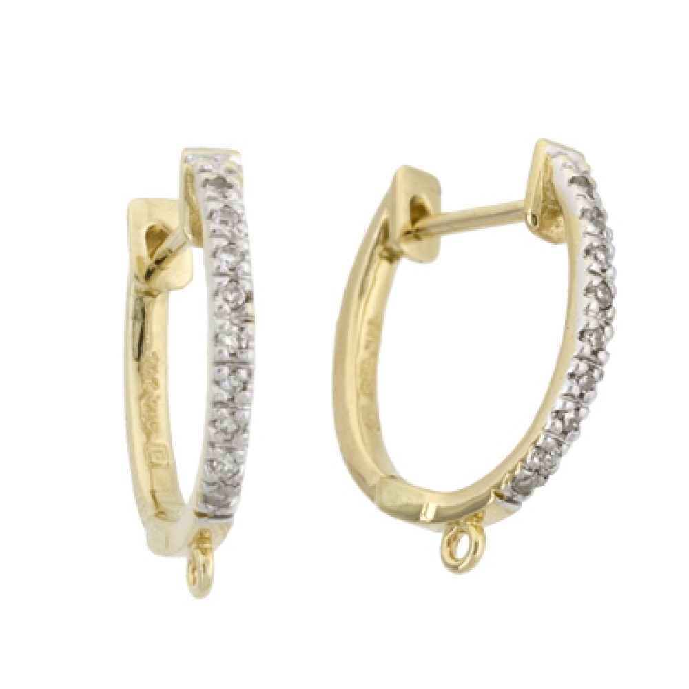 14K Gold Yellow Thin Huggie Leverback Earring with Single Row Pave Diamonds and Jump Ring