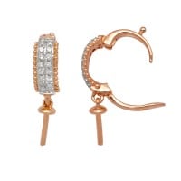Rose 14K Gold Straight Two Row Pave Diamond Dotted Enhancer with Dangling Pearl Cup