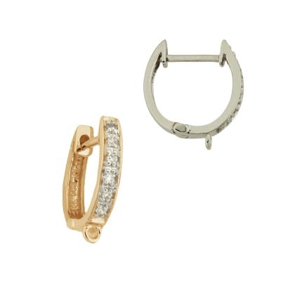 14K Gold Yellow Euro Huggie Leverback Earring with Single Row Pave Diamonds and Jump Ring