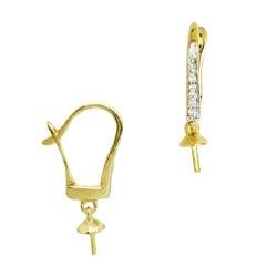 14K Gold Yellow With Dangling 4mm Pearl Cup 10x13mm Diamond Leverback Earring Pair