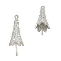 18K Gold White Full Pave Diamond Long Cone Pearl Cap with Pointed Flower Petal