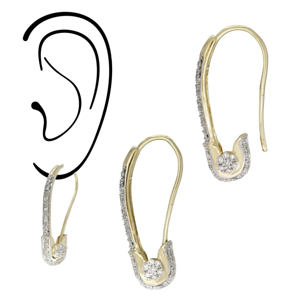 14K Gold Yellow 10x22mm Safety Pin Style Earring with Diamond Rivet and Single Row of Diamonds