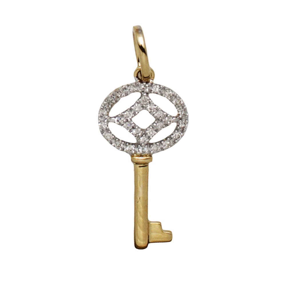 14K Gold Yellow 22mm Diamond Circle and Diamond Shape Key Charm