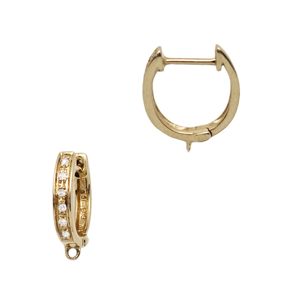 18K Gold Yellow 10mm Diamond Huggie Earring Pair with Attached Ring