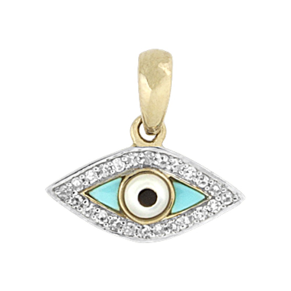 14K Gold Yellow 13X7mm Evil Eye Diamond and Turquoise Charm