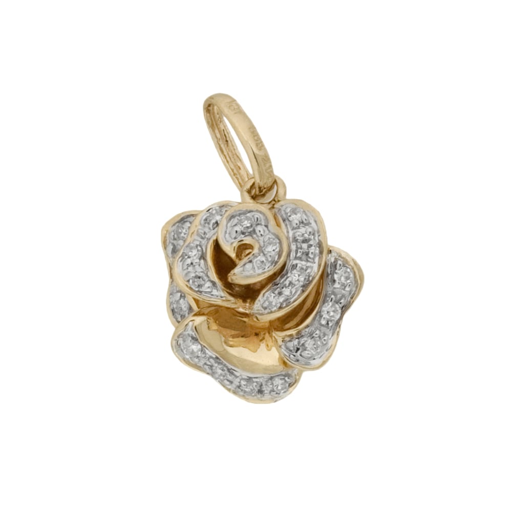 14K Gold Yellow 11mm Diamond Rose Charm