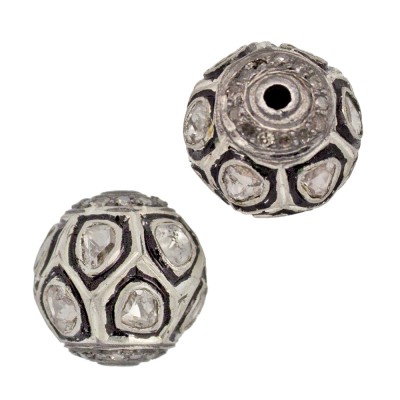 13mm Oxidized Sterling Silver Rose Cut Diamond and Pave Diamond Round Ball Bead, Checkerboard Design