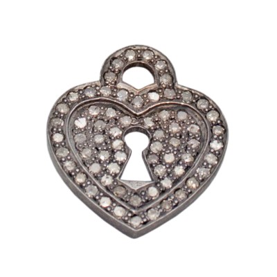 20mm Oxidized Sterling Silver Pave Diamond Heart and Lock Pendant