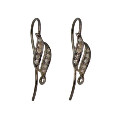Sterling Silver Oxidized Sterling Silver Pave Diamond Earwire Pair, Double S Shape