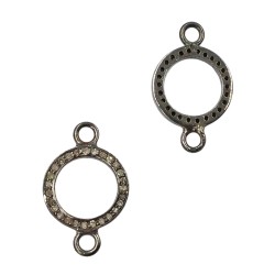 12mm Oxidized Sterling Silver Flat Circle Connector with Diamonds and 2 Rings