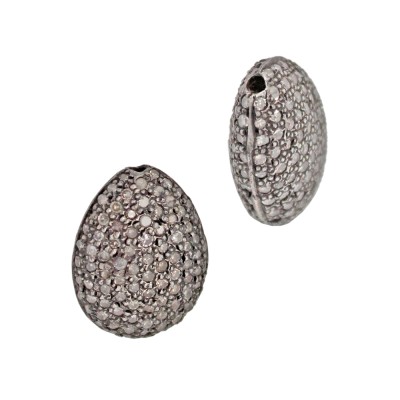 16x12mm Oxidized Sterling Silver Pave Diamond Flat Pear Shaped Bead