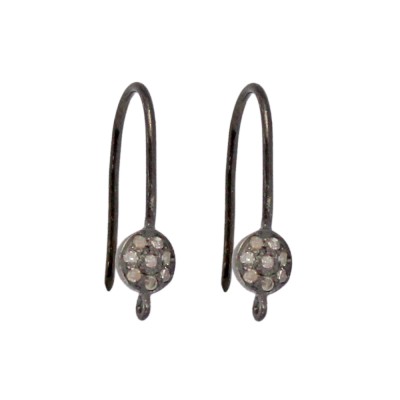 Sterling Silver Oxidized Sterling Silver Pave Diamond Round Disc Earwire Pair