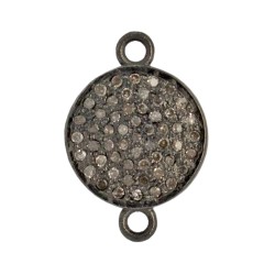 14mm Oxidized Sterling Silver Pave Diamond 2 Ring Round Domed Disc Connector