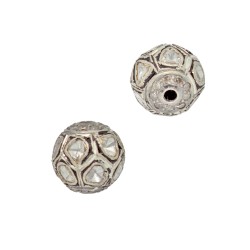 10mm Oxidized Sterling Silver Rose Cut Diamond and Pave Diamond Round Ball Bead, Checkerboard Design