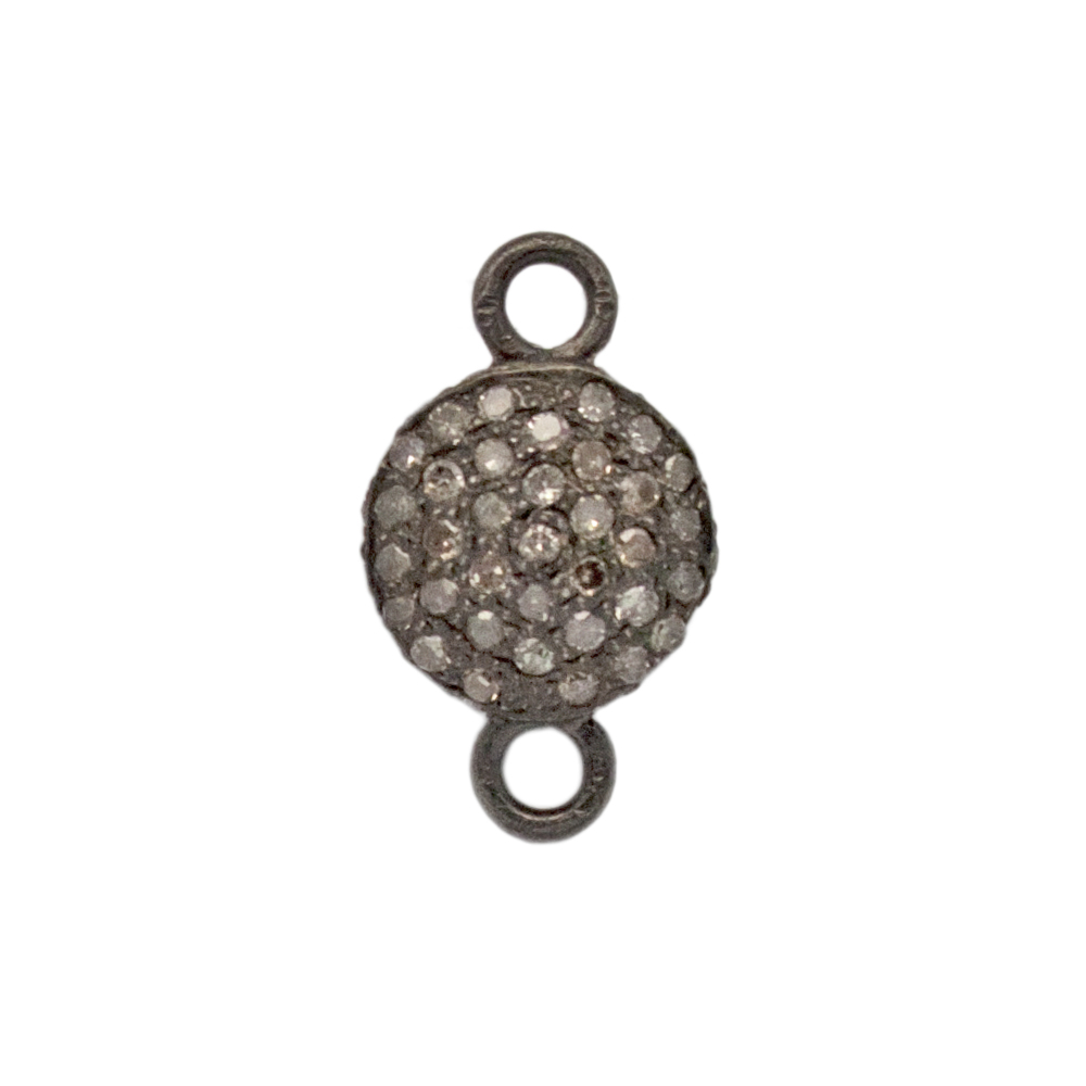 9mm Oxidized Sterling Silver Pave Diamond 2 Ring Round Domed Disc Connector