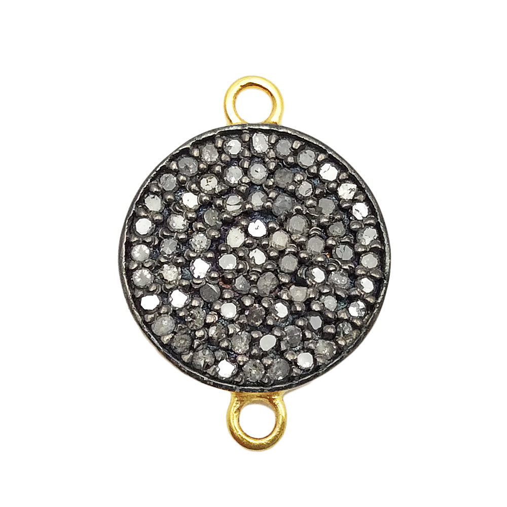 15mm Oxidized Sterling Silver Pave Diamond 2 Ring Round Flat Disc Connector, Gold Plated Back
