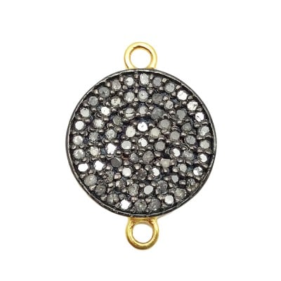 15mm Oxidized Sterling Silver Pave Diamond 2 Ring Round Flat Disc Connector, Gold Plated Back