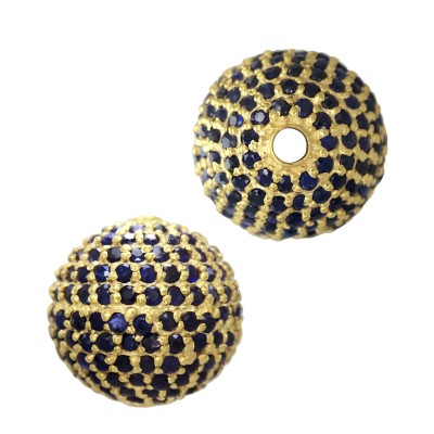 12mm Yellow 14K Gold Pave Blue Sapphire Round Ball Bead
