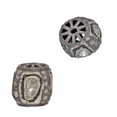 10mm Oxidized Sterling Silver Rose Cut Diamond and Pave Diamond Rice Shaped Bead