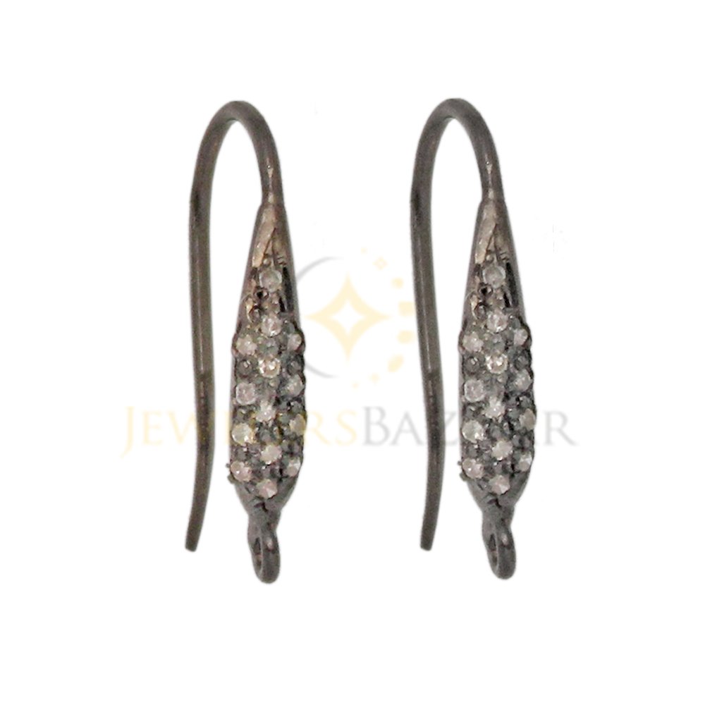Sterling Silver Oxidized Sterling Silver Rounded Pear Shape Triple Row Pave Diamond Earwire Pair