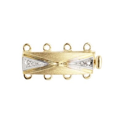 4 Row Yellow 14K Gold Matte Finish Multi Row X-Pattern Bar Clasp with Diamond Accents