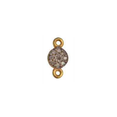 6mm Oxidized Sterling Silver Pave Diamond 2 Ring Round Flat Disc Connector, Gold Plated Back