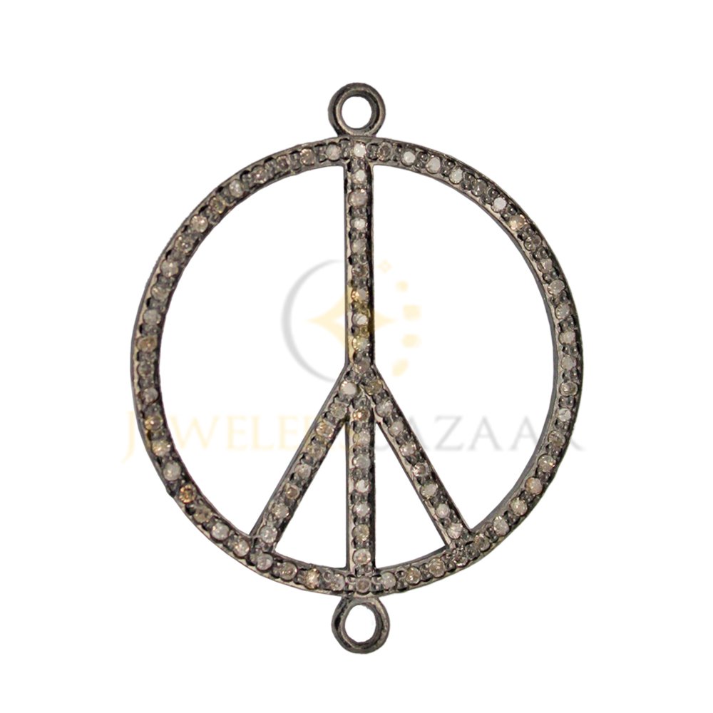 Sterling Silver Oxidized Sterling Silver Pave Diamond Thin Round Peace Sign 2 Ring Centerpiece