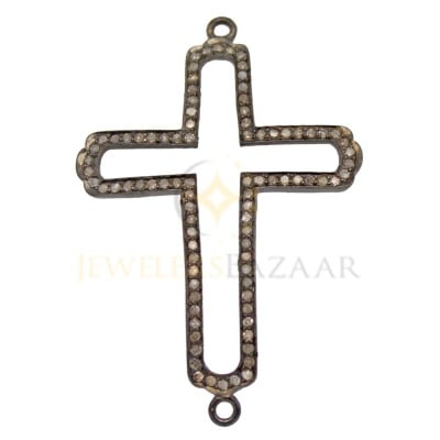 Sterling Silver Oxidized Sterling Silver Pave Diamond Rounded Cross Outline Bracelet Component with Jump Rings