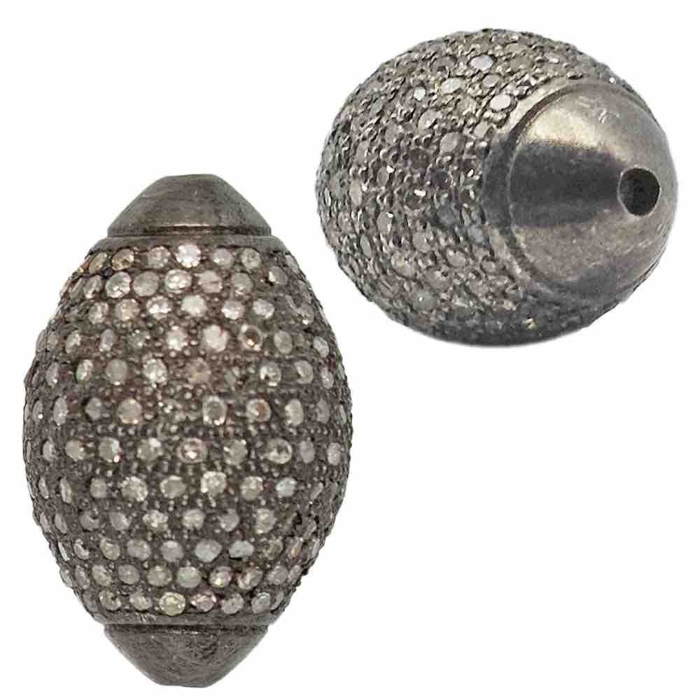 19x12mm Oxidized Sterling Silver Pave Diamond Football/Rugby Ball Shaped Bead