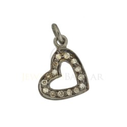 14mm Oxidized Sterling Silver Pave Diamond Heart Outline Charm, Diagonal Jump Ring