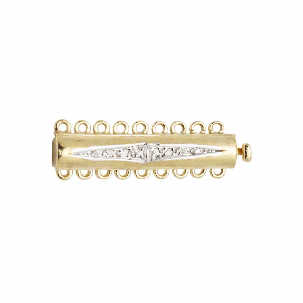 9 Row 3mm 30x6mm 14K Gold Multi Row Smooth Bar Clasp with Pave Diamonds in Diamond Shape