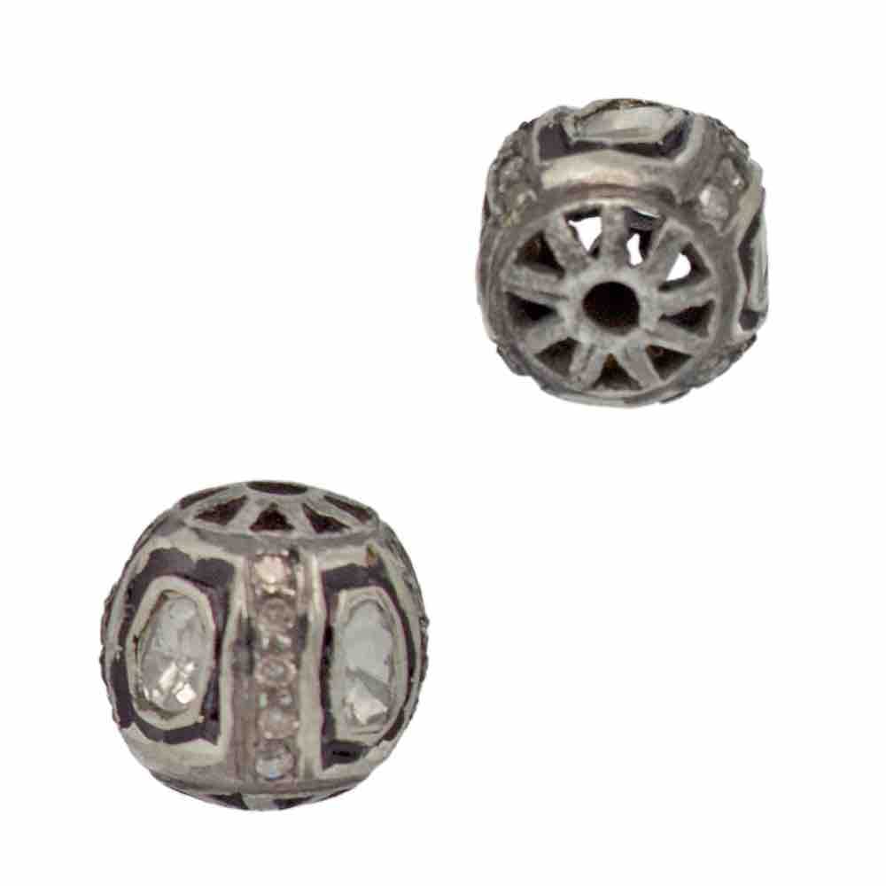 9mm Oxidized Sterling Silver Rose Cut Diamond and Pave Diamond Rice Shaped Bead