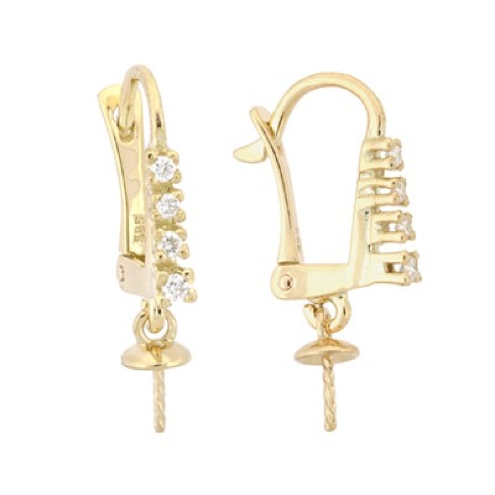 Yellow 14K Gold Leverback Earring with Prong Set Diamonds and Dangling Pearl Cup