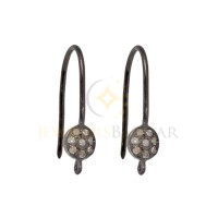 Sterling Silver Oxidized Sterling Silver Pave Diamond Round Disc Earwire Pair