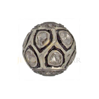 13mm Oxidized Sterling Silver Rose Cut Diamond and Pave Diamond Round Ball Bead, Checkerboard Design
