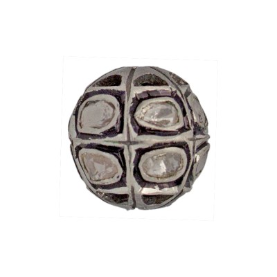 12mm Oxidized Sterling Silver Rose Cut Diamond and Pave Diamond Round Ball Bead, Checkerboard Design
