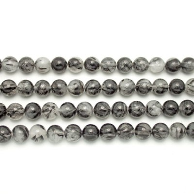 Black Rutilated/Tourmalinated Quartz Round Smooth Quartz Beads by Strand